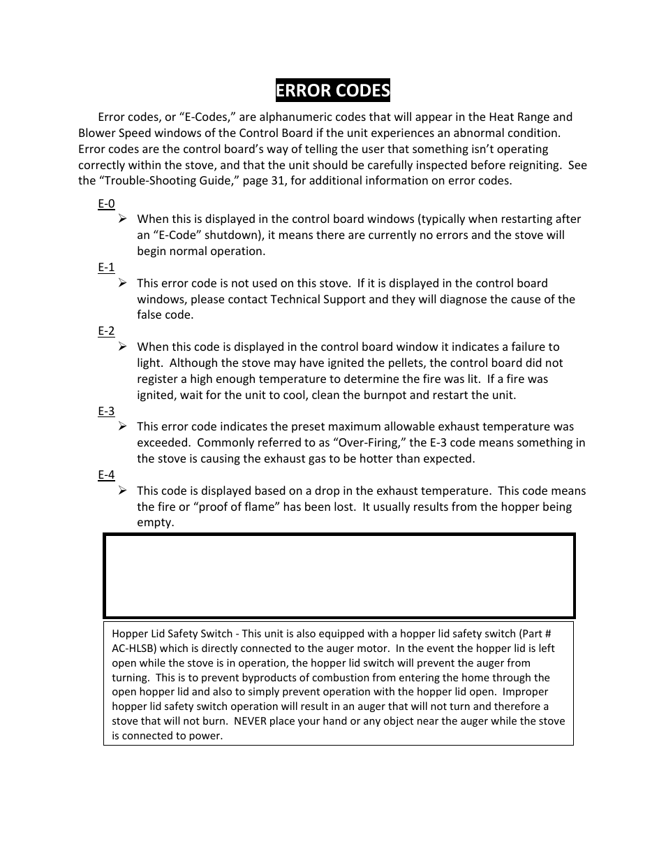 Error codes | England's Stove Works 25PAH User Manual | Page 20 / 46