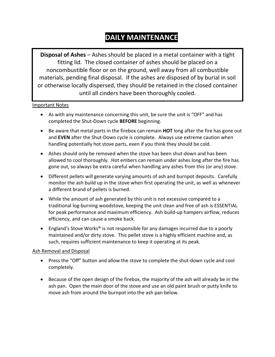 Daily maintenance | England's Stove Works 25PAH User Manual | Page 24 / 46