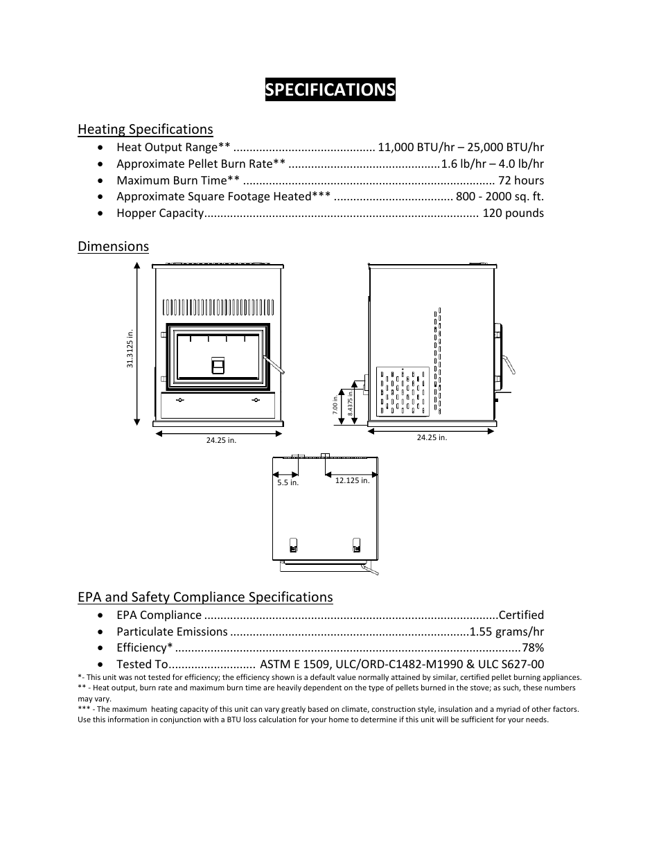 Specifications, Heating specifications | England's Stove Works 25PAH User Manual | Page 5 / 46