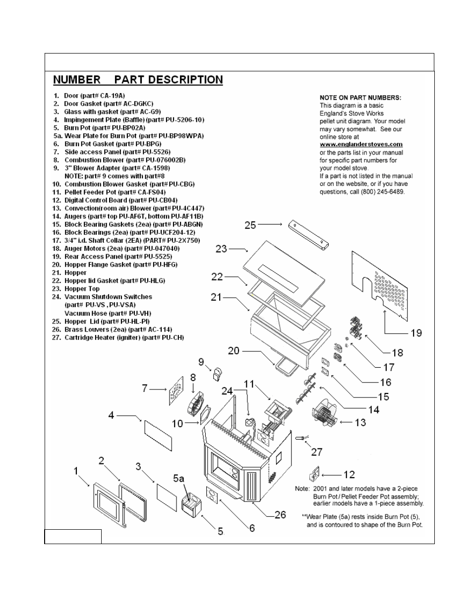 Pellet stove – exploded view diagram | England's Stove Works 55-SHP20 User Manual | Page 21 / 25