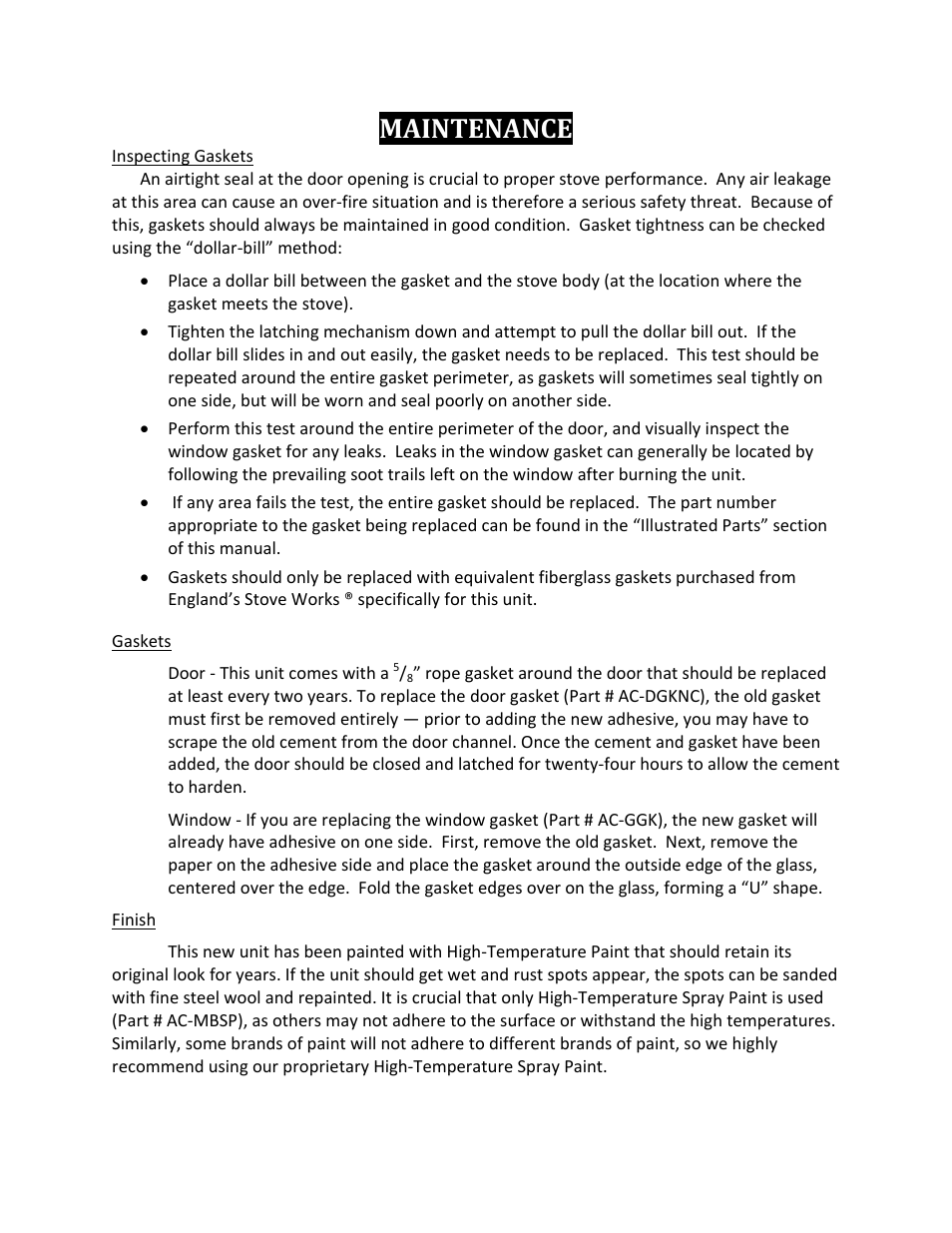 Maintenance | England's Stove Works TRANQUILITY 17VL User Manual | Page 21 / 30