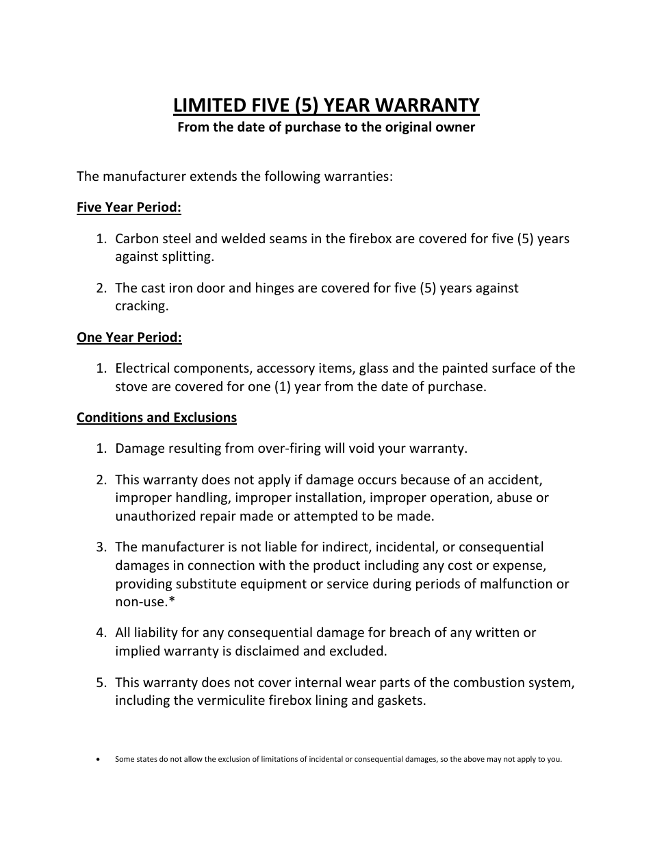 Limited five (5) year warranty | England's Stove Works TRANQUILITY 17VL User Manual | Page 27 / 30