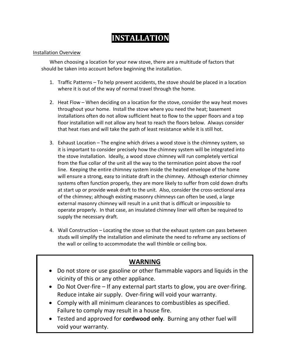 Installation, Warning | England's Stove Works TRANQUILITY 17VL User Manual | Page 6 / 30