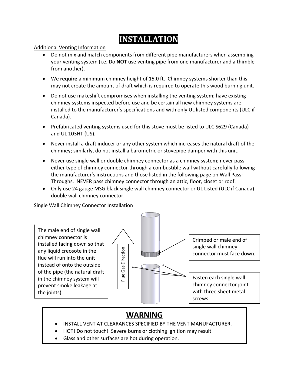 Installation, Warning | England's Stove Works TRANQUILITY 17VL User Manual | Page 9 / 30