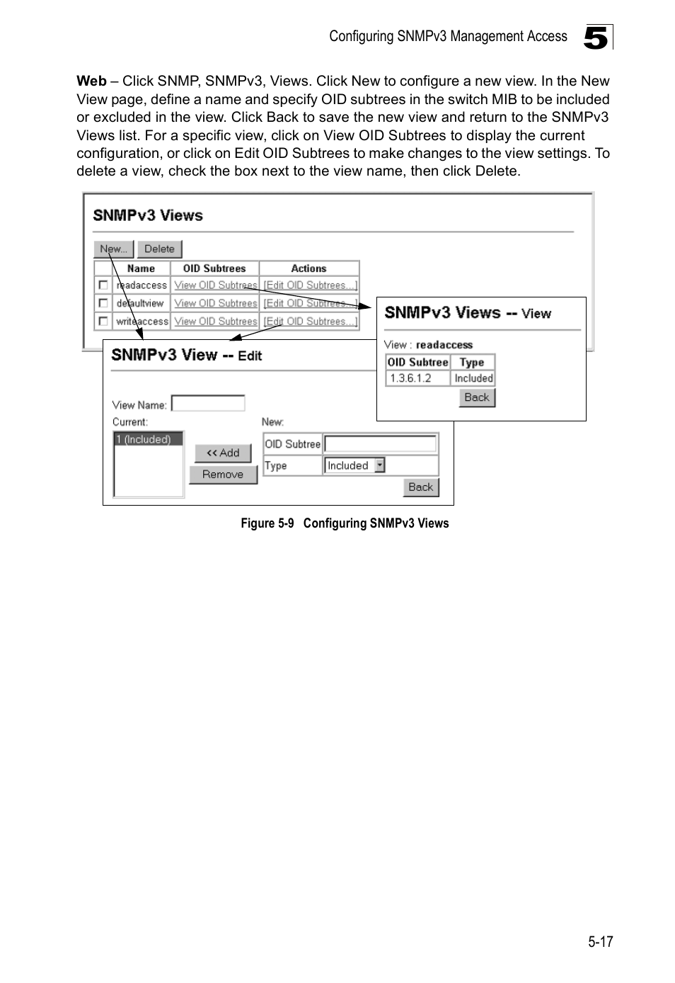 Figure 5-9, Configuring snmpv3 views | Edge Products ES3528-WDM User Manual | Page 101 / 556