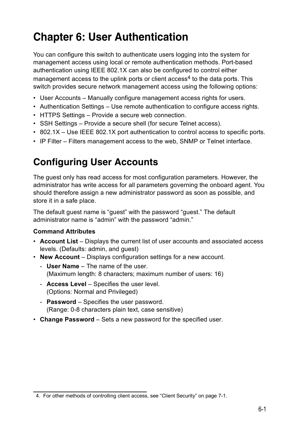 Chapter 6: user authentication, Configuring user accounts, User authentication | Edge Products ES3528-WDM User Manual | Page 103 / 556