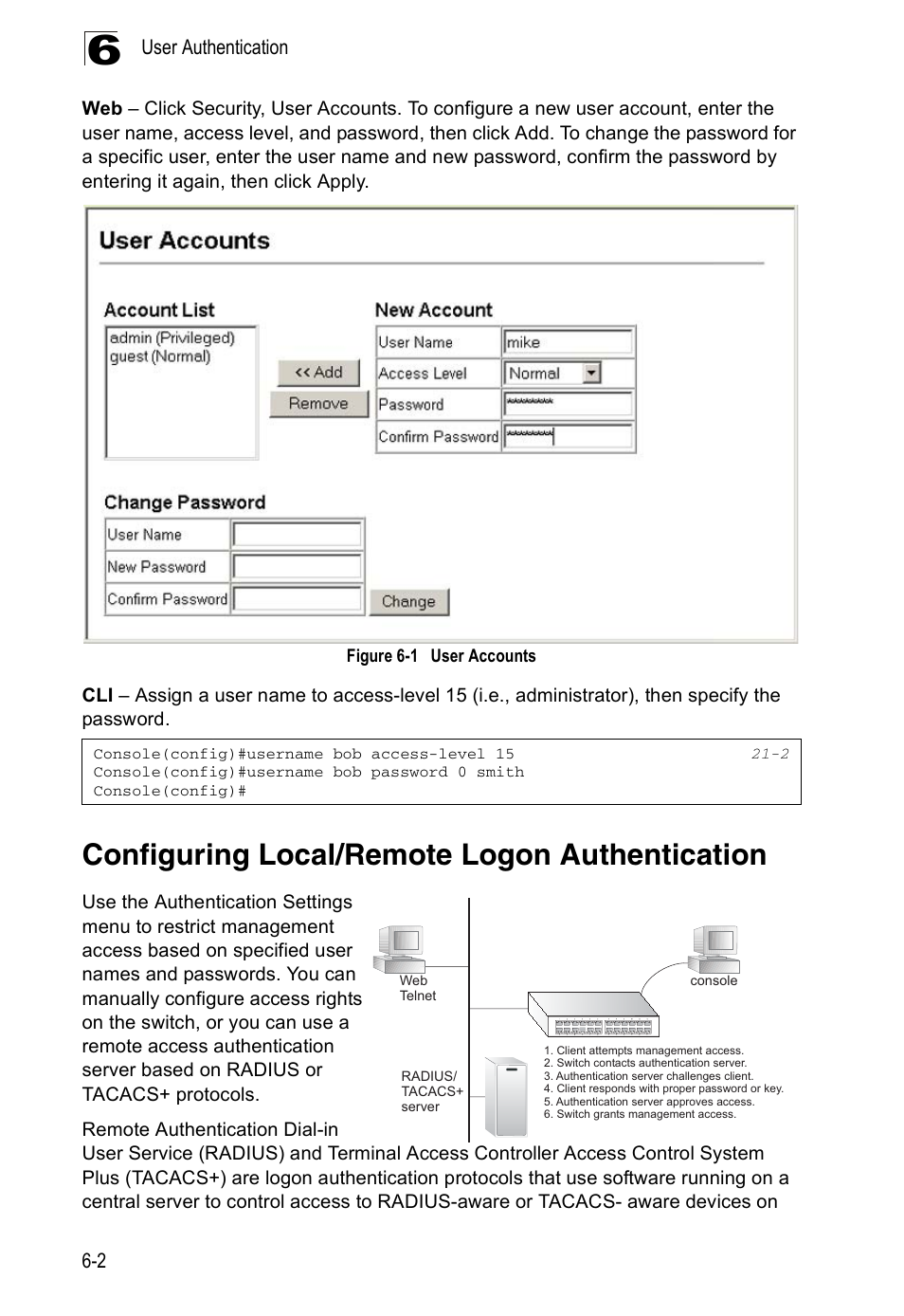 Configuring local/remote logon authentication, Figure 6-1, User accounts | Edge Products ES3528-WDM User Manual | Page 104 / 556