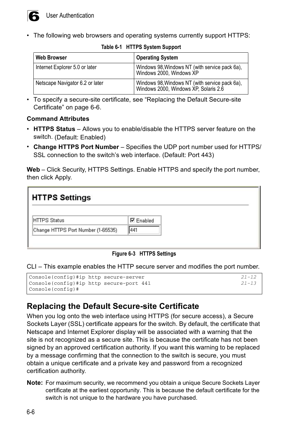 Replacing the default secure-site certificate, Table 6-1, Https system support | Figure 6-3, Https settings | Edge Products ES3528-WDM User Manual | Page 108 / 556