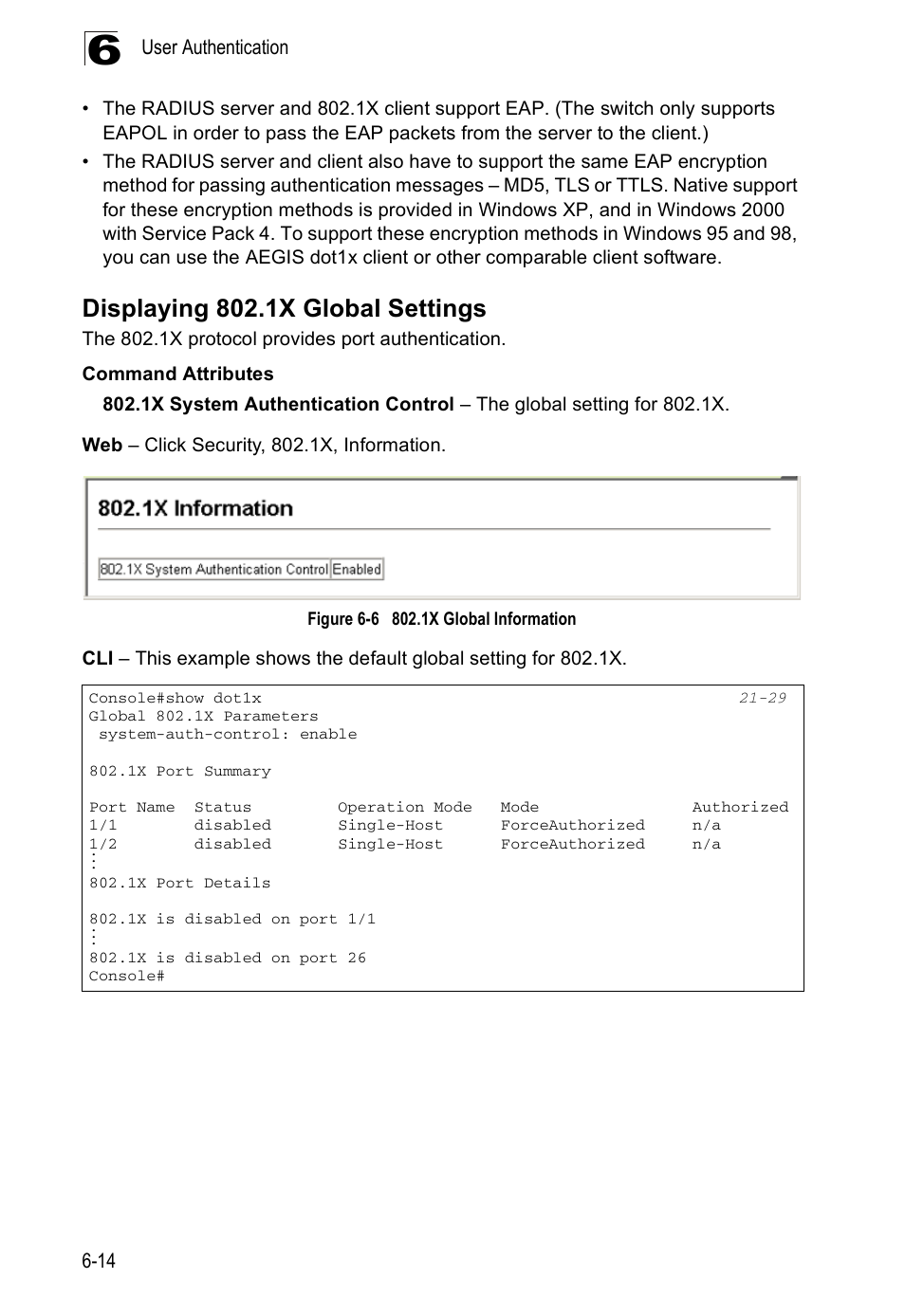 Displaying 802.1x global settings, Figure 6-6, 1x global information | Edge Products ES3528-WDM User Manual | Page 116 / 556