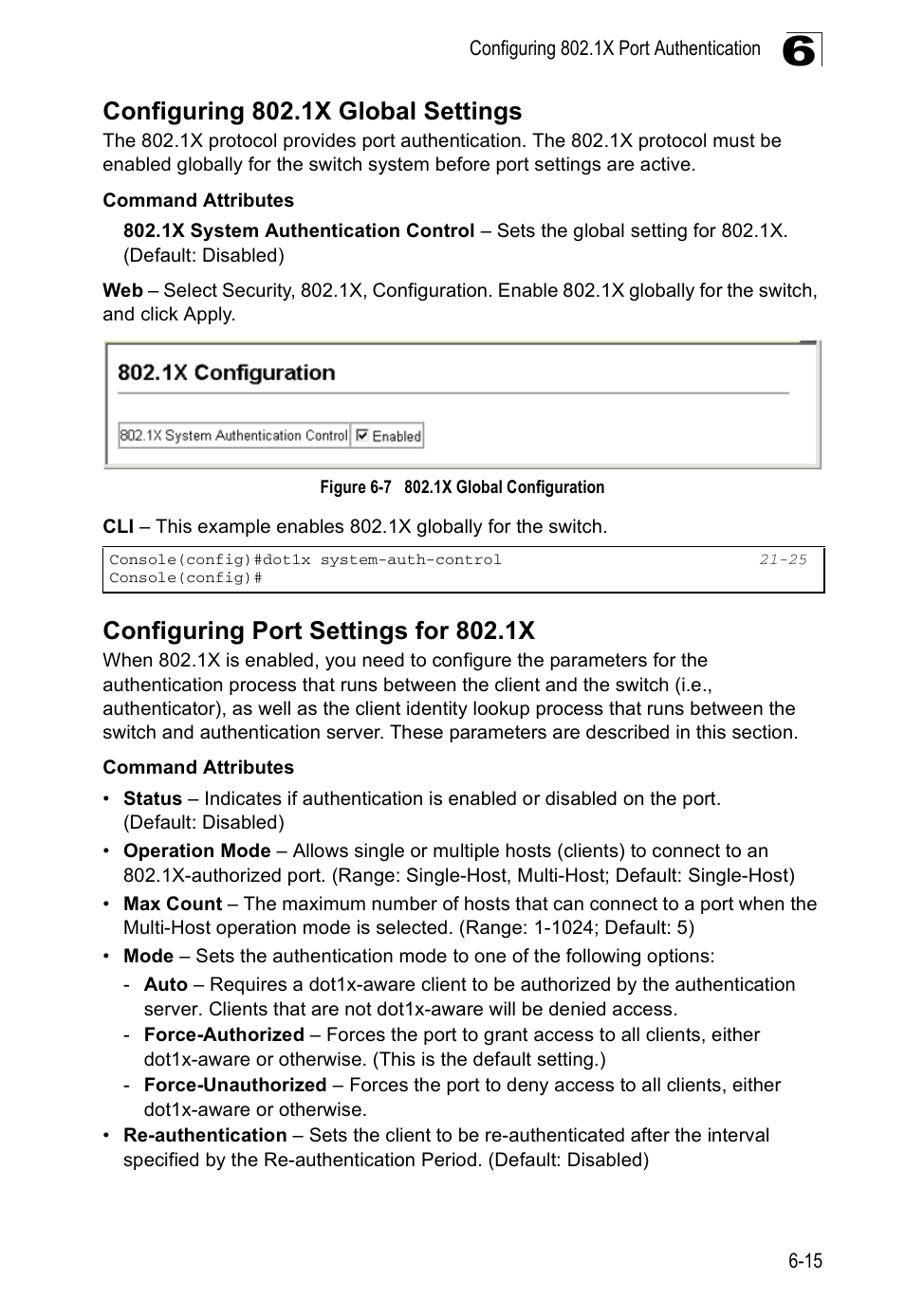 Configuring 802.1x global settings, Configuring port settings for 802.1x, Figure 6-7 | 1x global configuration | Edge Products ES3528-WDM User Manual | Page 117 / 556