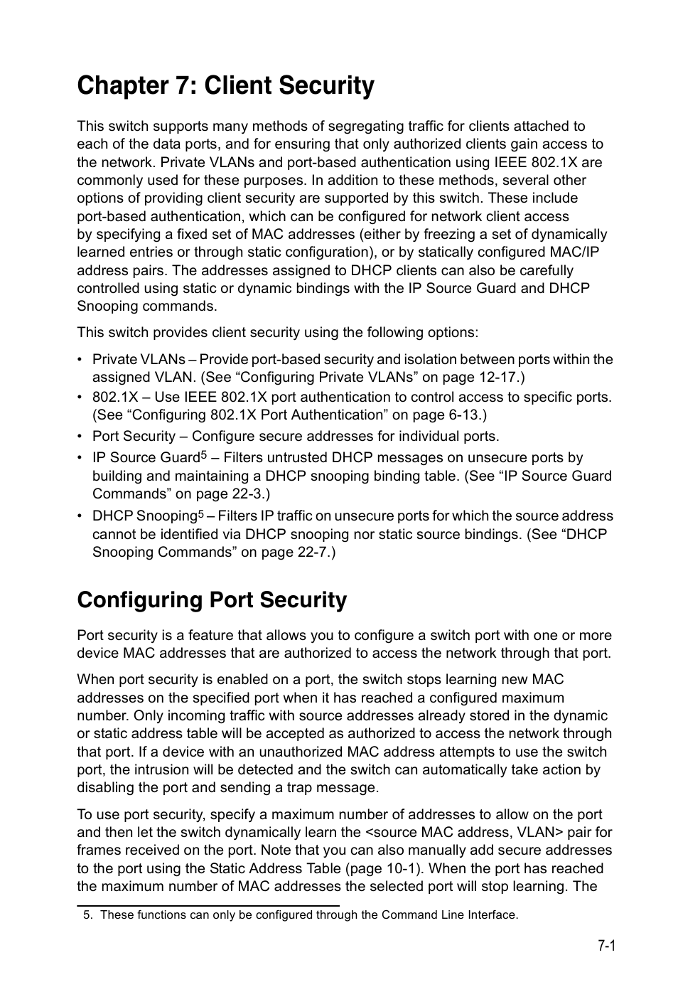 Chapter 7: client security, Configuring port security, Client security | Edge Products ES3528-WDM User Manual | Page 125 / 556