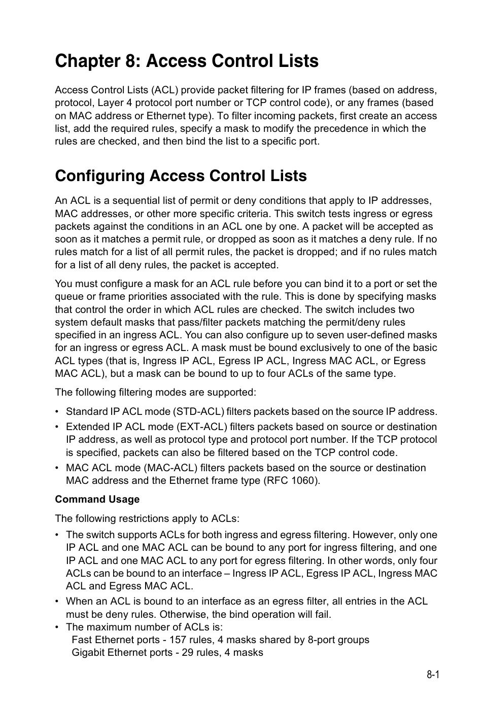 Chapter 8: access control lists, Configuring access control lists, Access control lists | Edge Products ES3528-WDM User Manual | Page 129 / 556