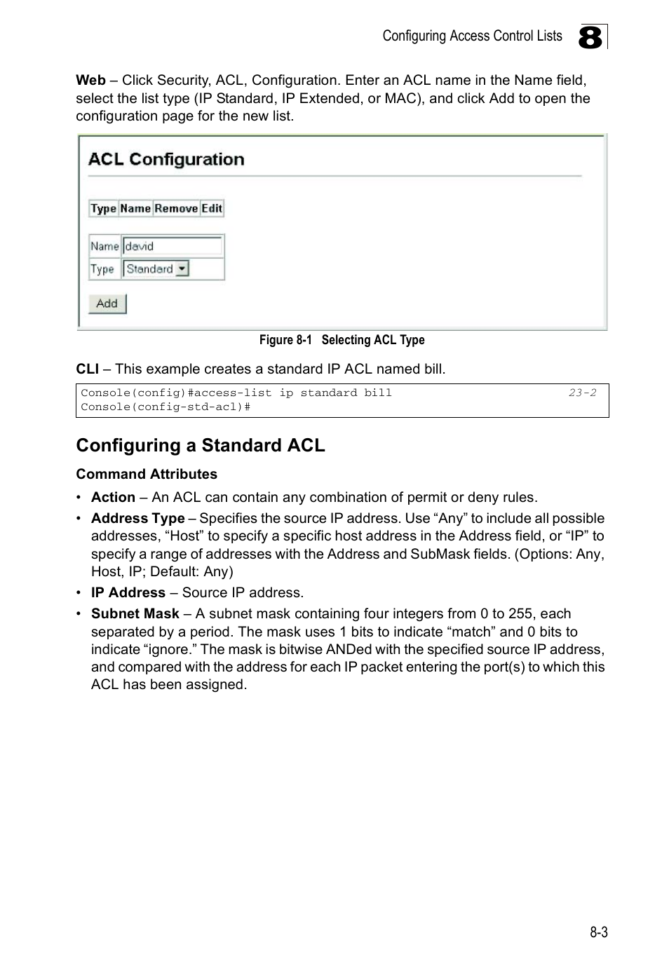 Configuring a standard acl, Figure 8-1, Selecting acl type | Edge Products ES3528-WDM User Manual | Page 131 / 556