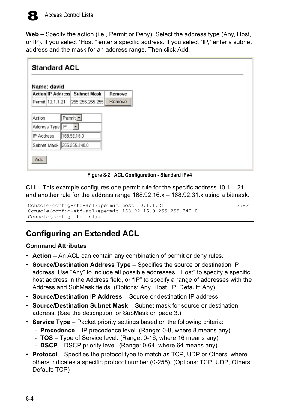Configuring an extended acl, Figure 8-2, Acl configuration - standard ipv4 | Edge Products ES3528-WDM User Manual | Page 132 / 556
