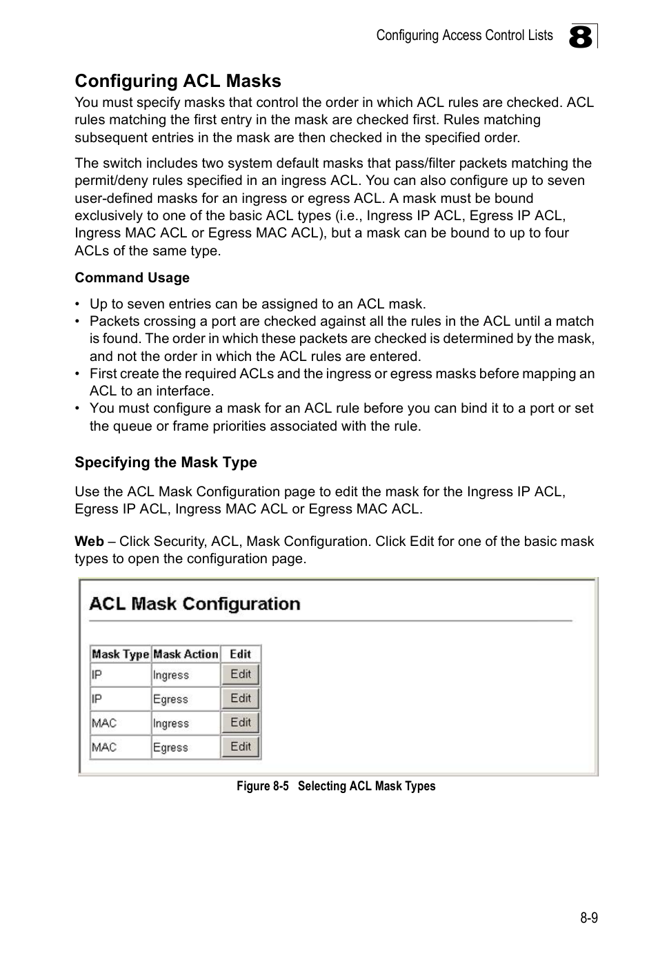 Configuring acl masks, Specifying the mask type, Figure 8-5 | Selecting acl mask types | Edge Products ES3528-WDM User Manual | Page 137 / 556