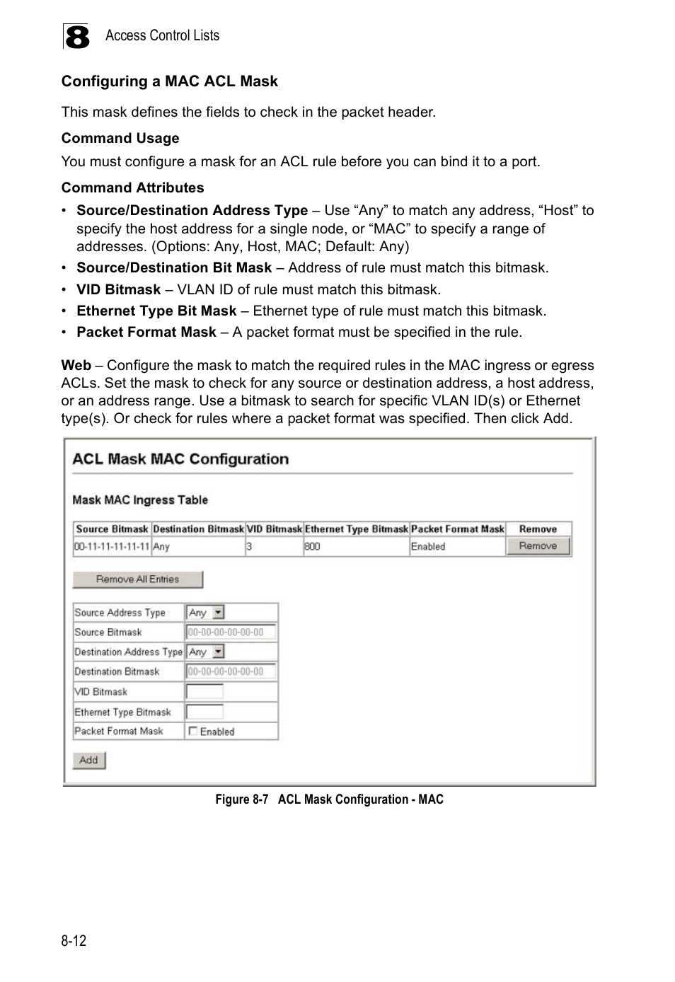 Configuring a mac acl mask, Figure 8-7, Acl mask configuration - mac | Edge Products ES3528-WDM User Manual | Page 140 / 556
