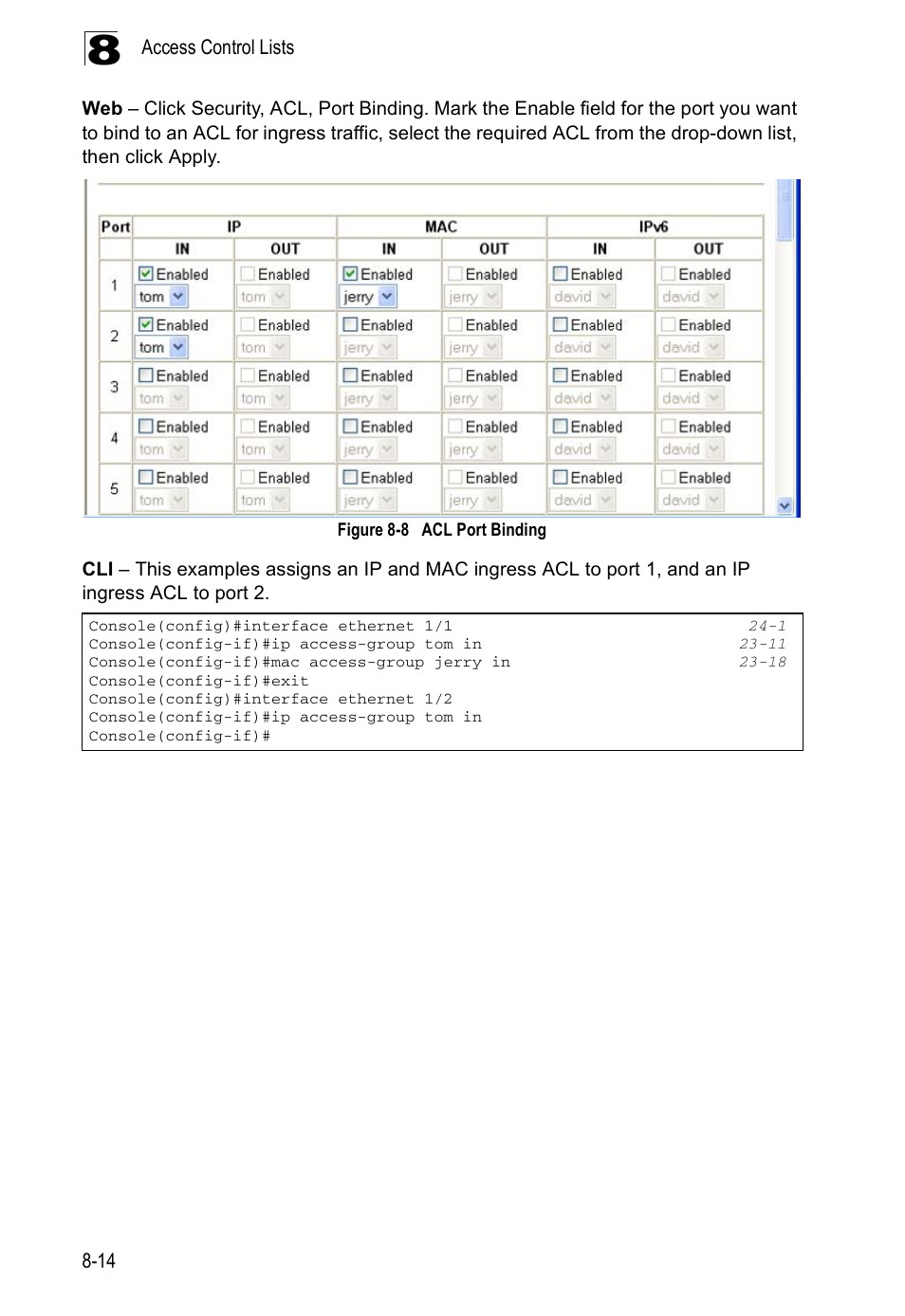 Figure 8-8, Acl port binding | Edge Products ES3528-WDM User Manual | Page 142 / 556
