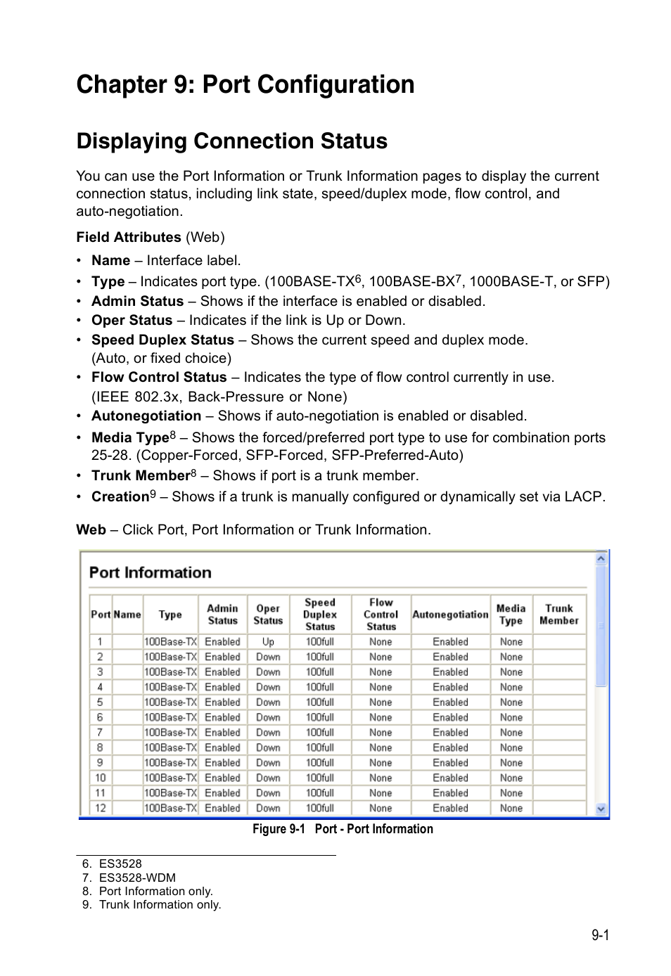 Chapter 9: port configuration, Displaying connection status, Figure 9-1 | Port - port information, Port configuration | Edge Products ES3528-WDM User Manual | Page 143 / 556