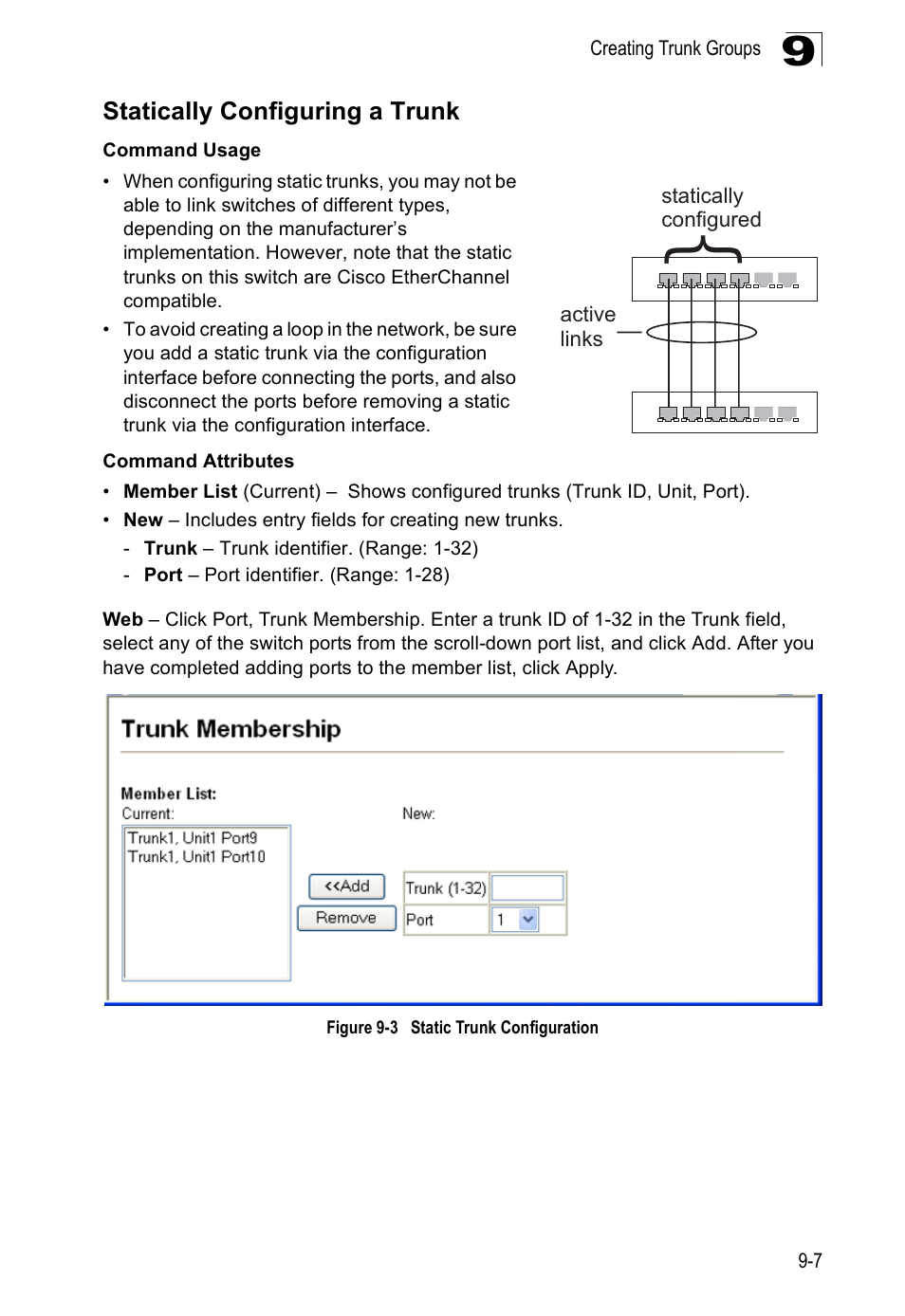 Statically configuring a trunk, Figure 9-3, Static trunk configuration | Edge Products ES3528-WDM User Manual | Page 149 / 556