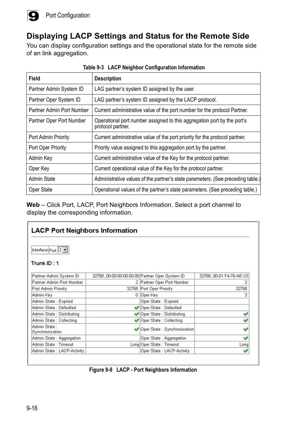 Table 9-3, Lacp neighbor configuration information, Figure 9-8 | Lacp - port neighbors information | Edge Products ES3528-WDM User Manual | Page 158 / 556