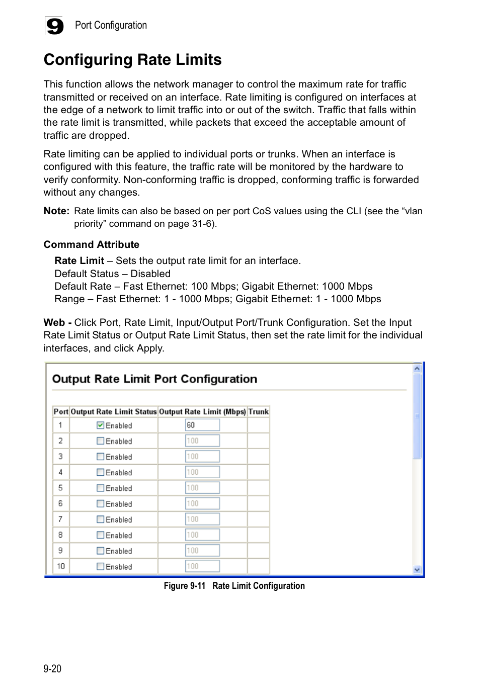 Configuring rate limits, Figure 9-11, Rate limit configuration | Edge Products ES3528-WDM User Manual | Page 162 / 556