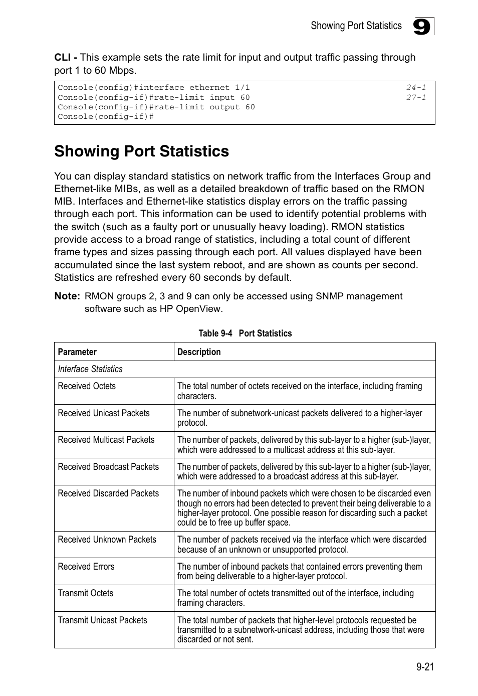 Showing port statistics, Table 9-4, Port statistics | Edge Products ES3528-WDM User Manual | Page 163 / 556