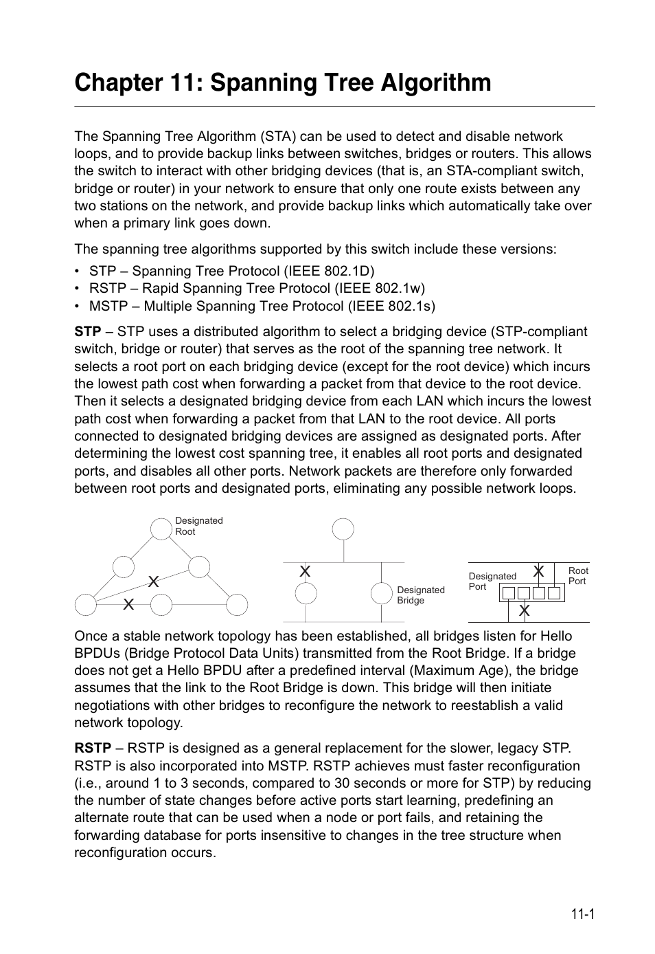 Chapter 11: spanning tree algorithm, Spanning tree algorithm | Edge Products ES3528-WDM User Manual | Page 173 / 556