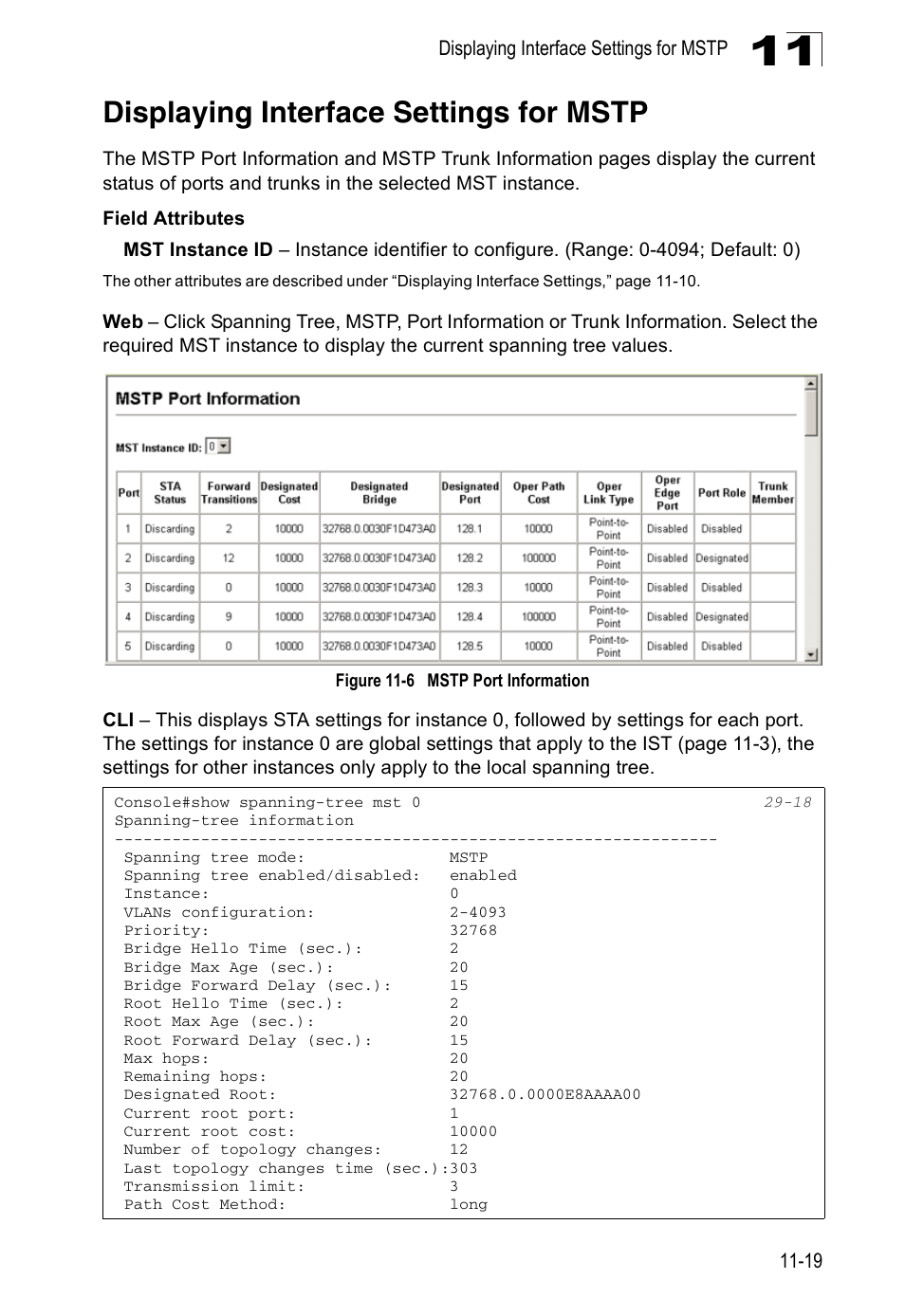 Displaying interface settings for mstp, Figure 11-6, Mstp port information | Edge Products ES3528-WDM User Manual | Page 191 / 556
