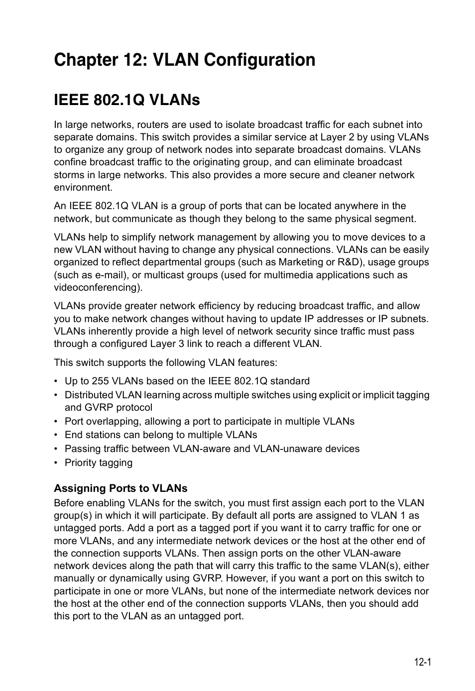 Chapter 12: vlan configuration, Ieee 802.1q vlans, Vlan configuration | Edge Products ES3528-WDM User Manual | Page 195 / 556