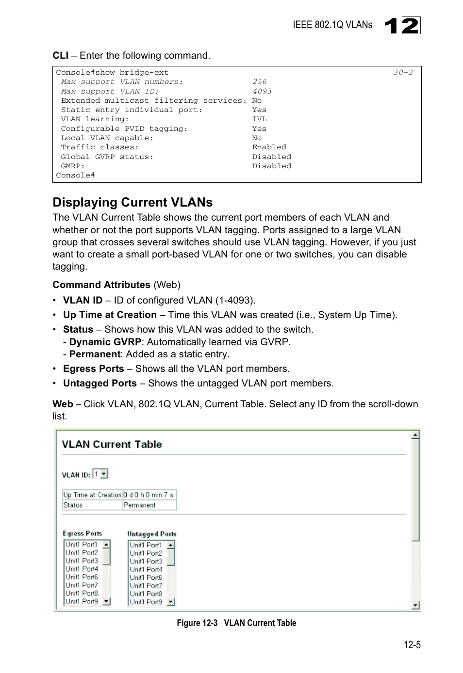 Displaying current vlans, Figure 12-3, Vlan current table | Edge Products ES3528-WDM User Manual | Page 199 / 556