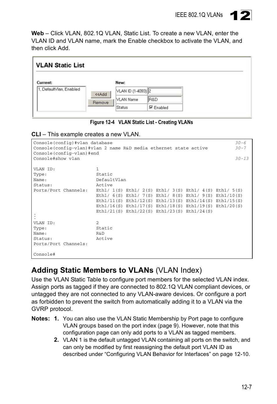 Adding static members to vlans (vlan index), Figure 12-4, Vlan static list - creating vlans | Edge Products ES3528-WDM User Manual | Page 201 / 556