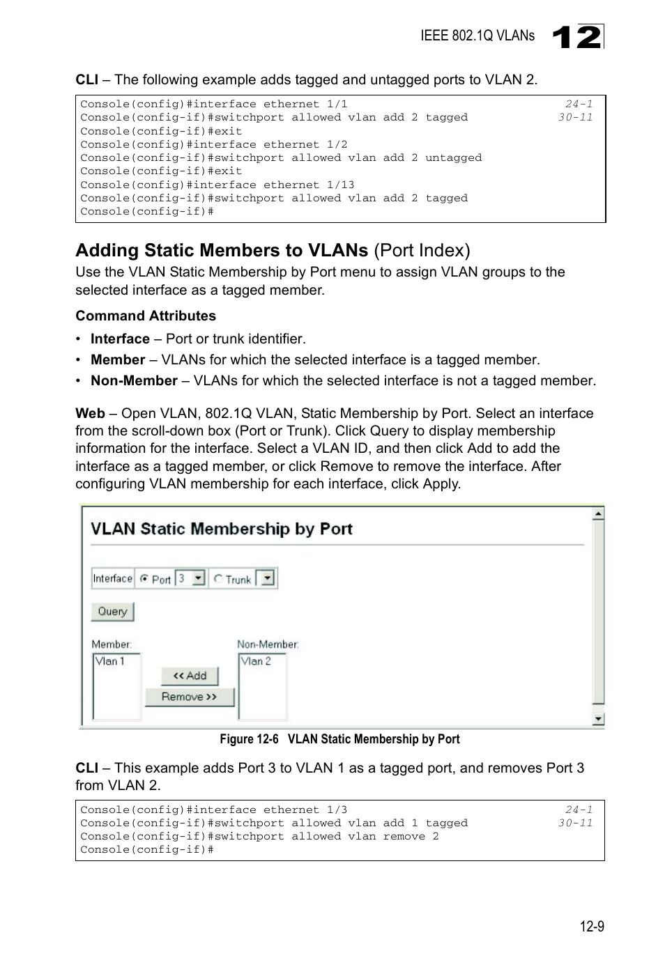 Adding static members to vlans (port index), Figure 12-6, Vlan static membership by port | Edge Products ES3528-WDM User Manual | Page 203 / 556