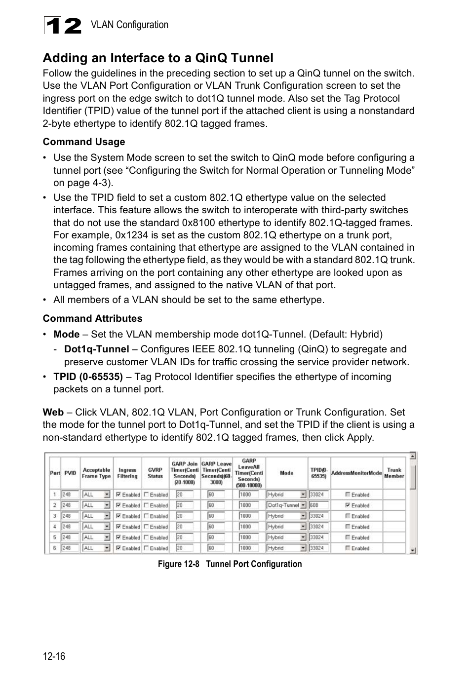 Adding an interface to a qinq tunnel, Figure 12-8, Tunnel port configuration | Adding an | Edge Products ES3528-WDM User Manual | Page 210 / 556