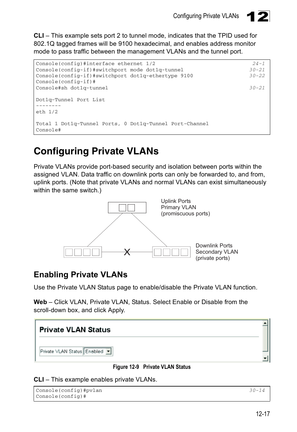 Configuring private vlans, Enabling private vlans, Figure 12-9 | Private vlan status | Edge Products ES3528-WDM User Manual | Page 211 / 556