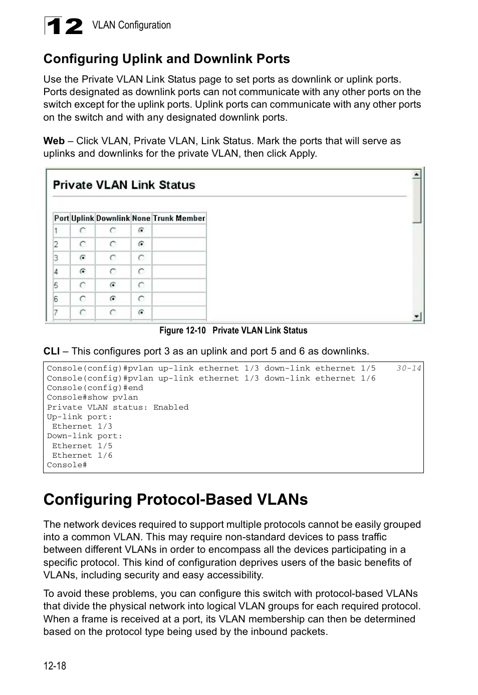 Configuring uplink and downlink ports, Configuring protocol-based vlans, Figure 12-10 private vlan link status | Edge Products ES3528-WDM User Manual | Page 212 / 556