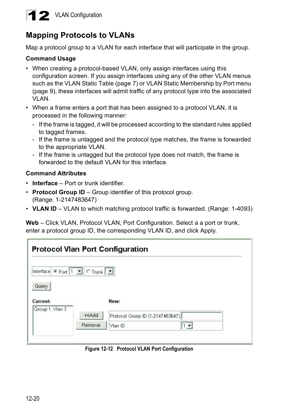 Mapping protocols to vlans, Figure 12-12 protocol vlan port configuration | Edge Products ES3528-WDM User Manual | Page 214 / 556