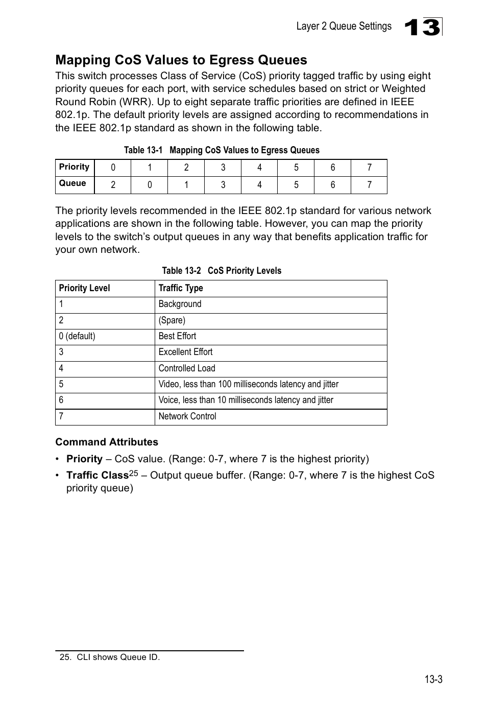 Mapping cos values to egress queues, Table 13-1, Table 13-2 | Cos priority levels | Edge Products ES3528-WDM User Manual | Page 219 / 556