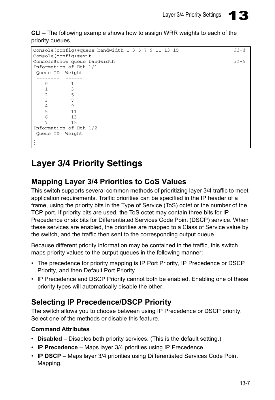 Layer 3/4 priority settings, Mapping layer 3/4 priorities to cos values, Selecting ip precedence/dscp priority | Edge Products ES3528-WDM User Manual | Page 223 / 556