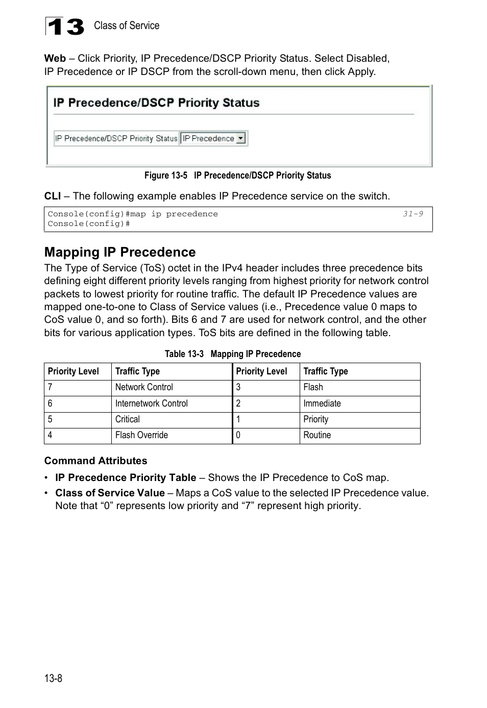 Mapping ip precedence, Table 13-3, Figure 13-5 | Ip precedence/dscp priority status | Edge Products ES3528-WDM User Manual | Page 224 / 556