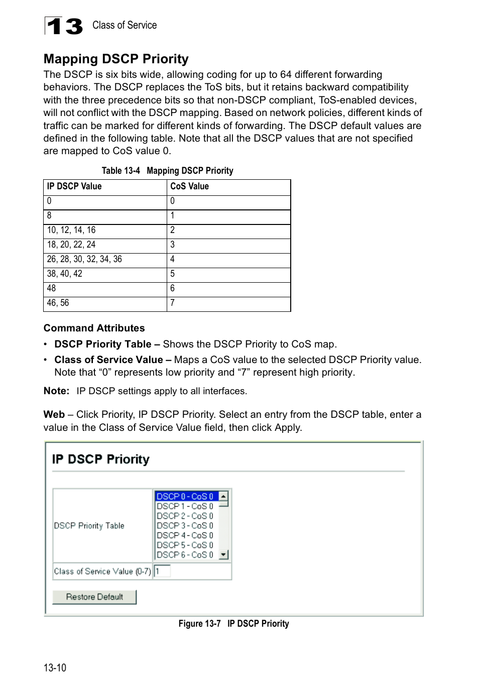 Mapping dscp priority, Table 13-4, Figure 13-7 | Ip dscp priority | Edge Products ES3528-WDM User Manual | Page 226 / 556