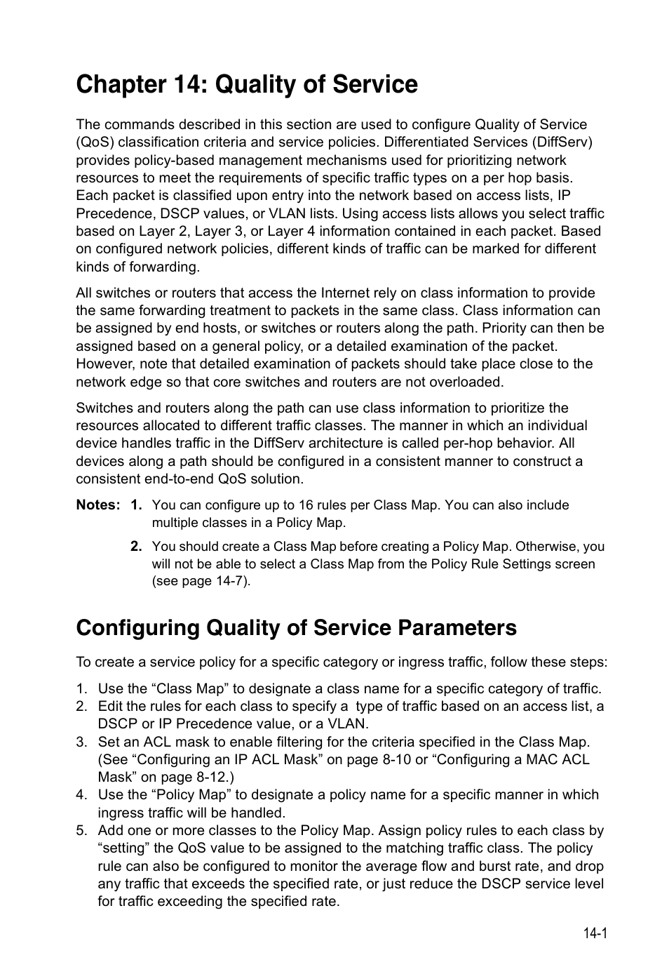 Chapter 14: quality of service, Configuring quality of service parameters, Quality of service | Edge Products ES3528-WDM User Manual | Page 229 / 556