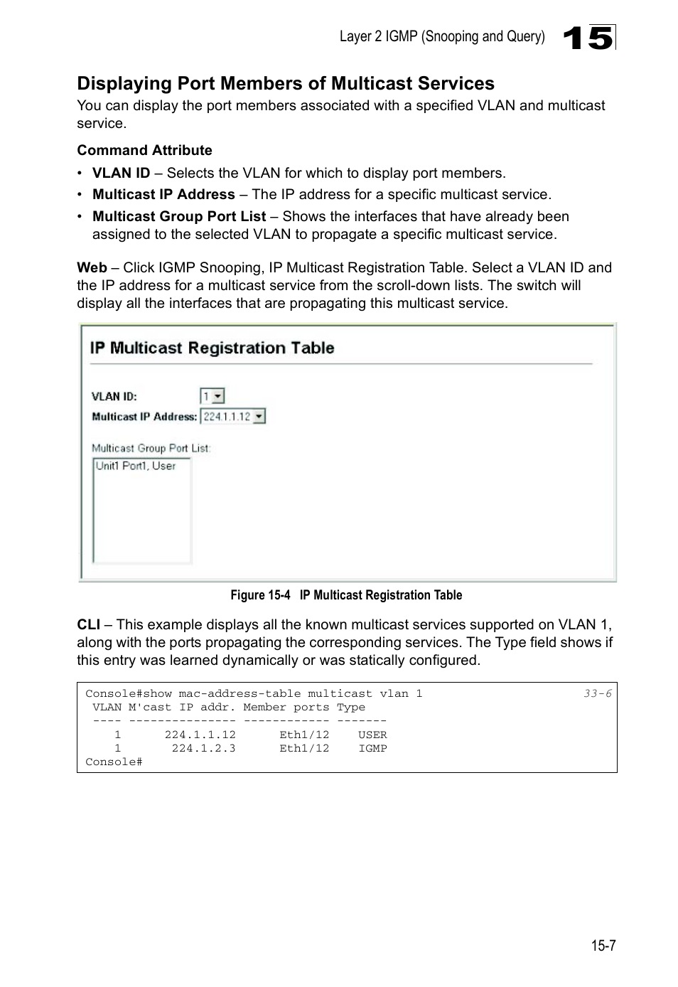 Displaying port members of multicast services, Figure 15-4, Ip multicast registration table | Edge Products ES3528-WDM User Manual | Page 243 / 556