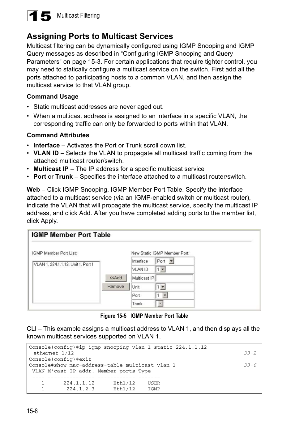 Assigning ports to multicast services, Figure 15-5, Igmp member port table | Edge Products ES3528-WDM User Manual | Page 244 / 556