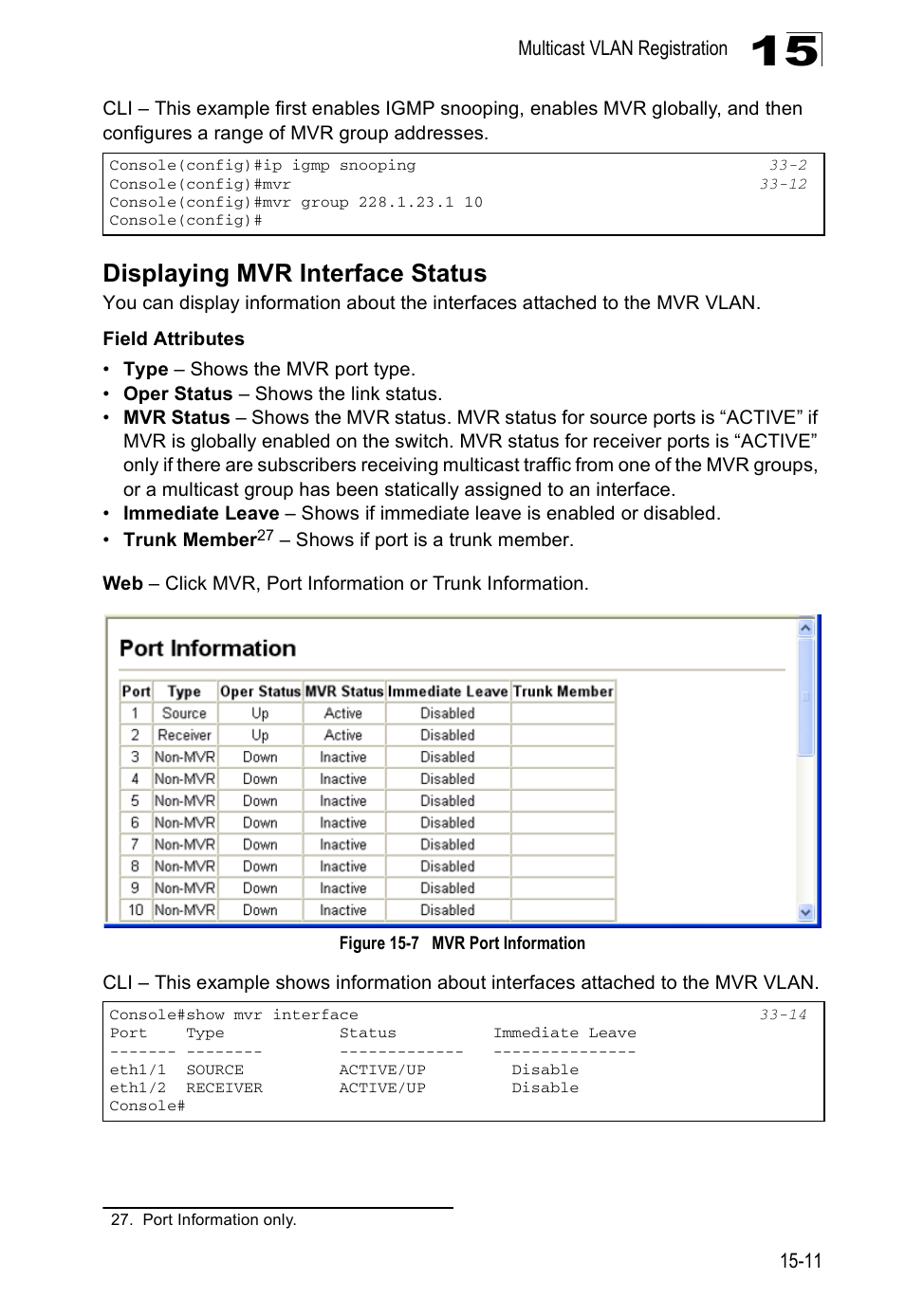 Displaying mvr interface status, Figure 15-7, Mvr port information | Edge Products ES3528-WDM User Manual | Page 247 / 556