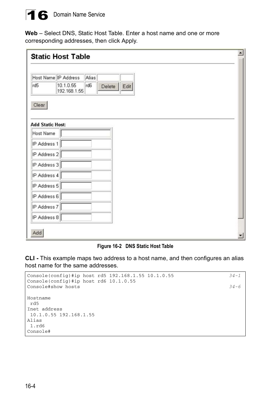 Figure 16-2, Dns static host table | Edge Products ES3528-WDM User Manual | Page 256 / 556