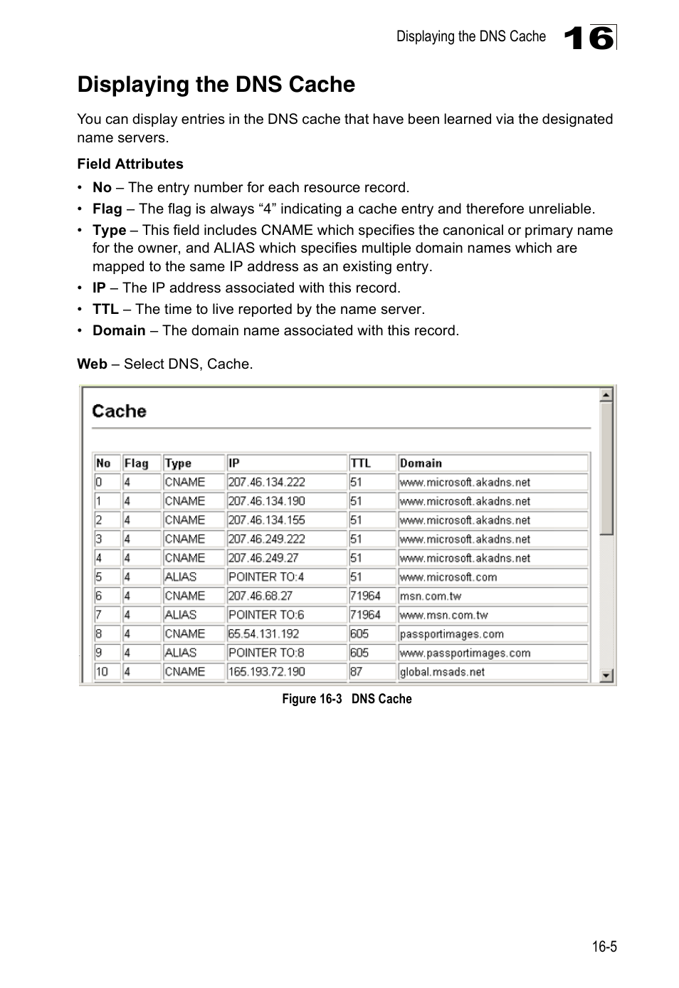 Displaying the dns cache, Figure 16-3, Dns cache | Edge Products ES3528-WDM User Manual | Page 257 / 556