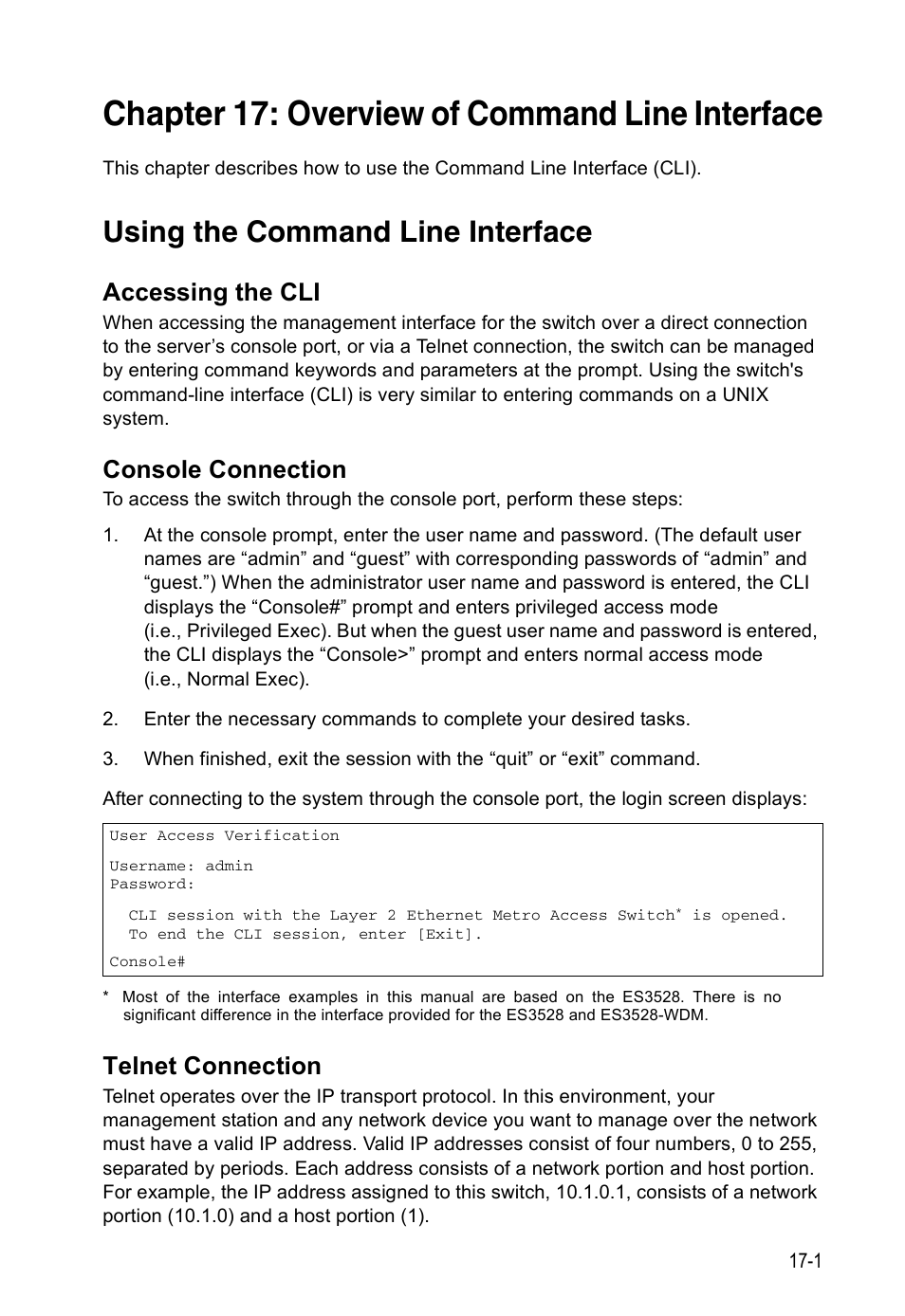 Chapter 17: overview of command line interface, Using the command line interface, Accessing the cli | Console connection, Telnet connection, Chapter 17: “overview of command line interface, Overview of command line interface | Edge Products ES3528-WDM User Manual | Page 261 / 556