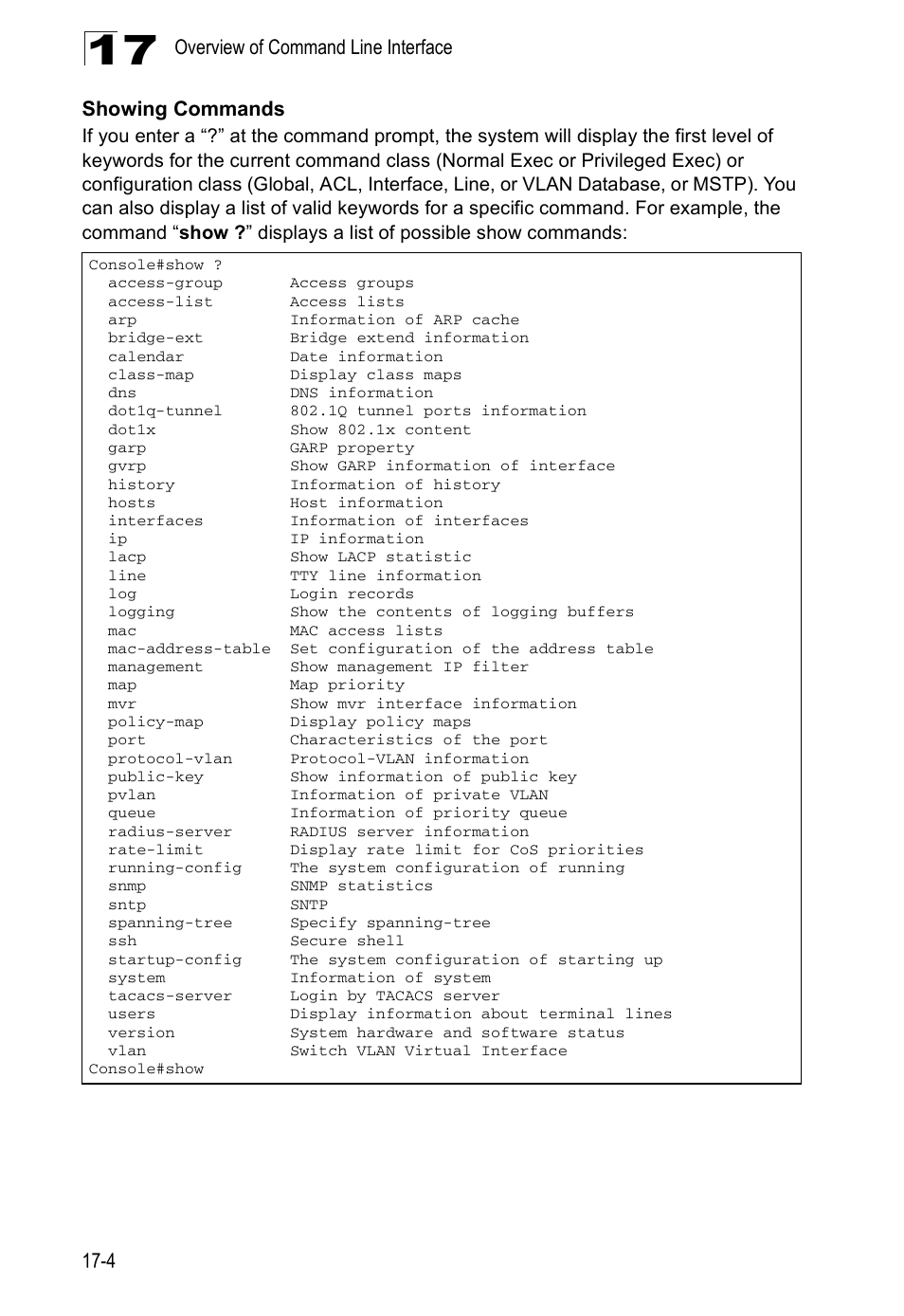 Showing commands | Edge Products ES3528-WDM User Manual | Page 264 / 556