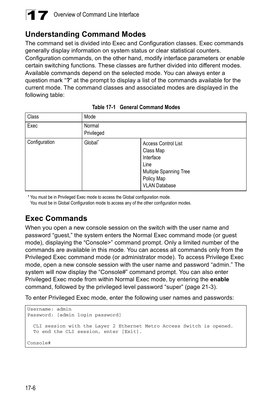 Understanding command modes, Exec commands, Table 17-1 | General command modes | Edge Products ES3528-WDM User Manual | Page 266 / 556