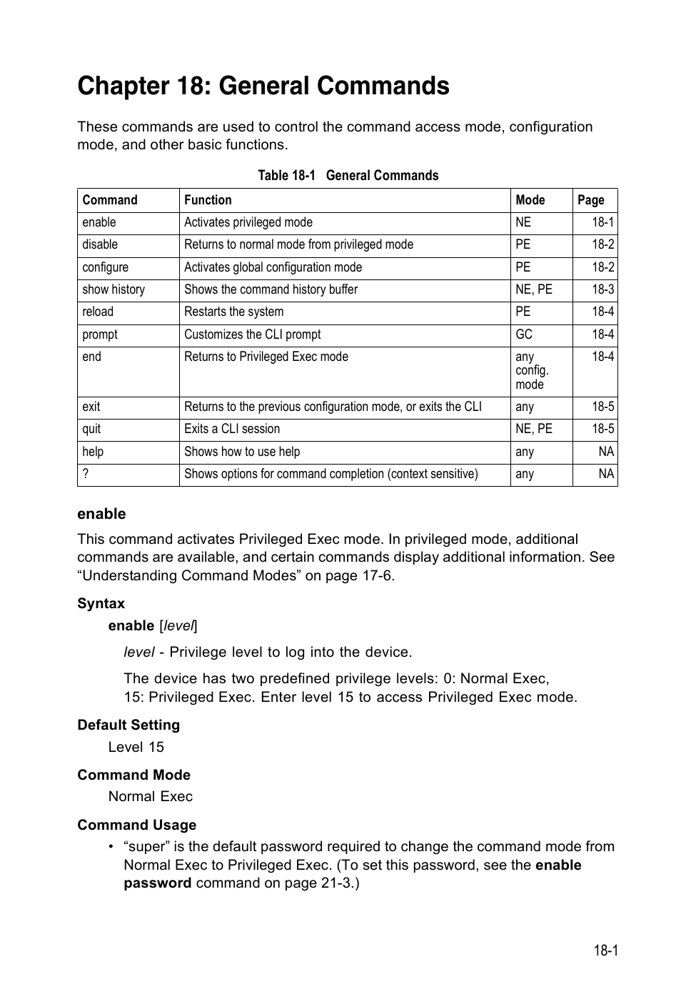 Chapter 18: general commands, Enable, Enable 18-1 | Table 18-1, General commands | Edge Products ES3528-WDM User Manual | Page 273 / 556